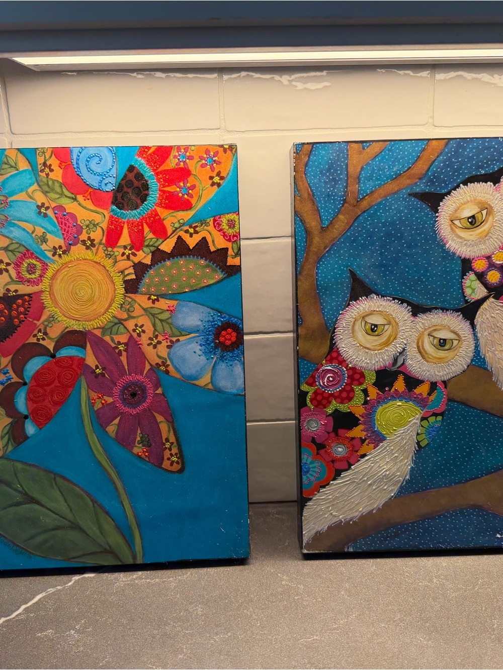 Vibrant Teal Floral & Owl Wall Art Pair - Home Wall Decor